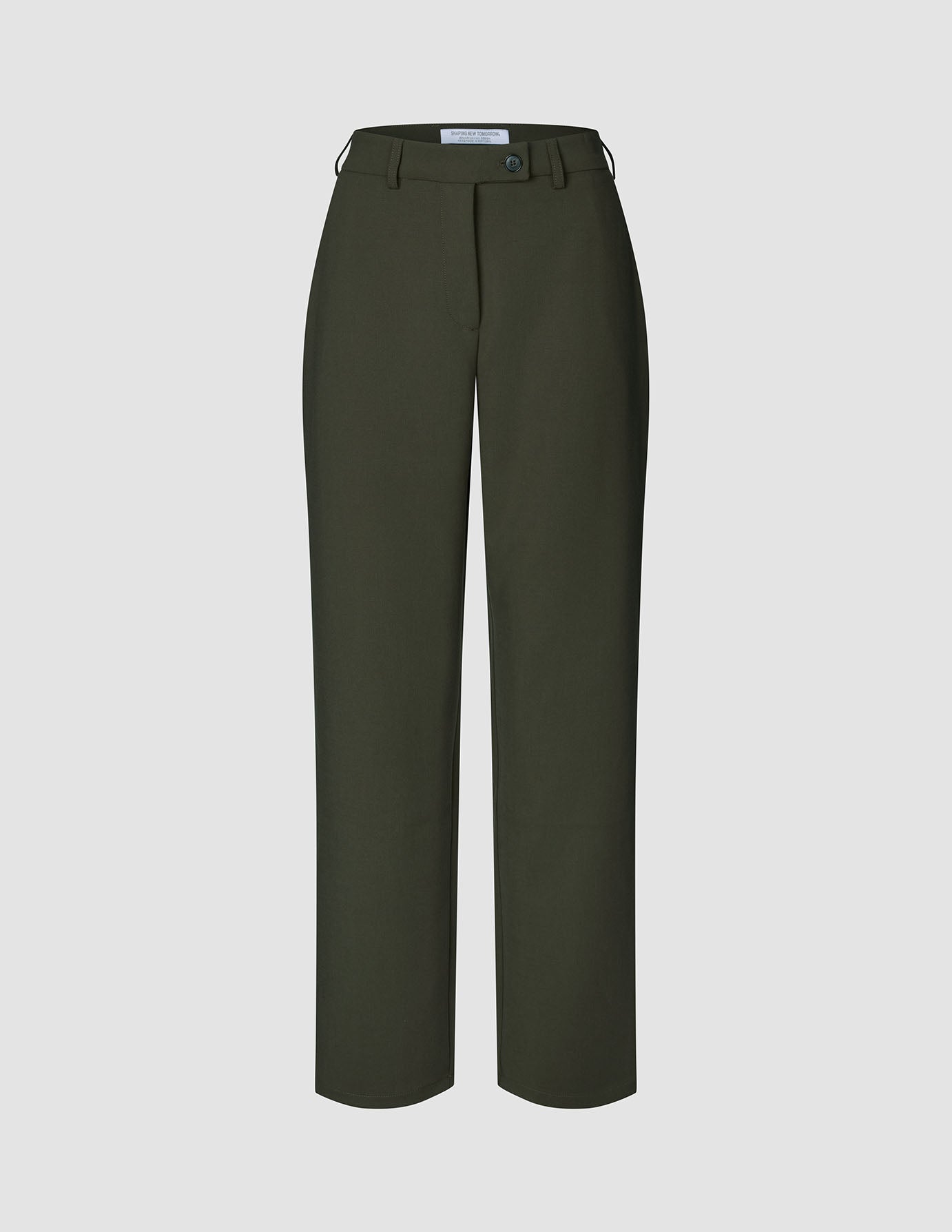 Women GO2 Pants Straight Dusty Olive, en olivengrønn bukse med rett ben, knappelukking og beltestropper.